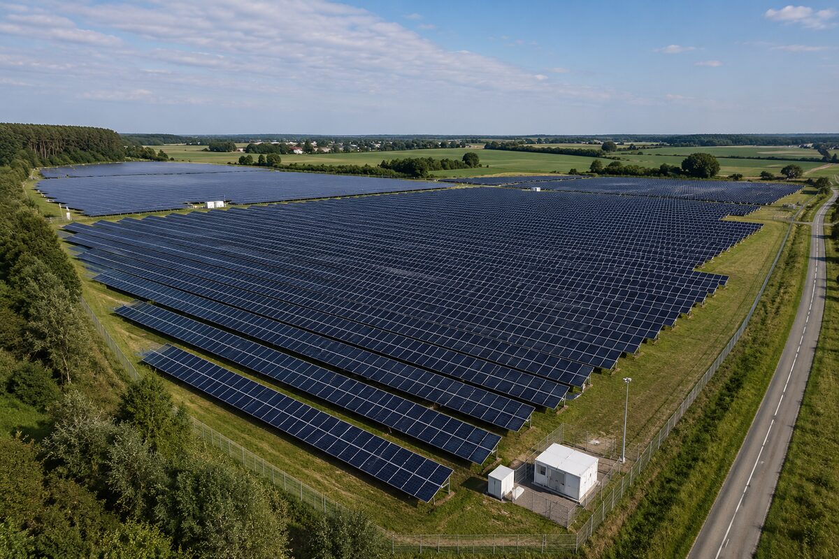 Großflächiger Solarpark aus der Vogelperspektive